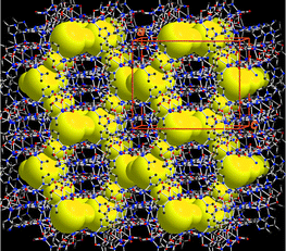The crystal structure of 1, deliberately designed to have intersecting channels (represented by the yellow region) within the four-fold interpenetrating networks. Channel openings are observed along the crystallographic (100) and (010) directions.