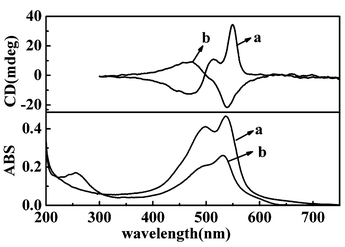 UV-vis and CD spectra of LB films deposited from in situ photopolymerized PDA film (a) from pure water (b) from Cu(NO3)2.