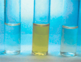 Photograph showing the colour changes of 1 in CH3CN (2.5 × 10−4 M). Left to right: In the absence of ions, in the presence of 10 mol. equiv. of F−, in the presence of 10 mol. equiv. of F− and 10 mol. equiv. of K+.