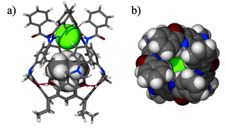 Crystal structure of 3·TMACl
(obtained from the mixture of CHCl3–nitrobenzene as 3·TMACl·4.5PhNO2). a) Side view with receptor molecule in stick representation, guest as van der Waals spheres; b) top view — space filling (Cl− green).