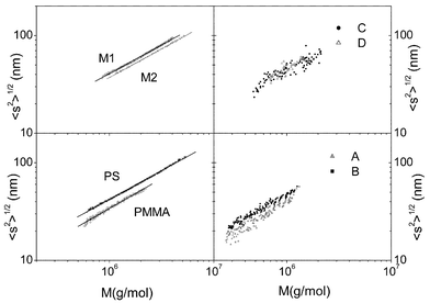 Log–log plot of root mean squared radius of gyration versus molecular weight for the polymers.