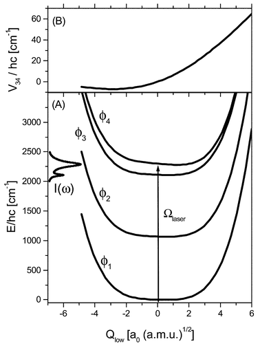 Diabatic potential curves (A) and diabatic state coupling (B) along the low-frequency system coordinate Qlow. In the left part of panel (A) the IR absorption spectrum, I(ω), in the OD stretch region is shown (for a detailed discussion see ref. 24). The parameters of the relaxation model are: g(I)i = 0.042, g(II)s = 0.005, g(II)b,low = 0.0001, γpd = 0.5 s−1, g(III)i = 0.02, ω(I)c/2πc = 50 cm−1, and ω(III)c/2πc = 250 cm−1.