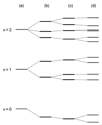 Qualitative schematic diagram for the lowest few vibrational levels of a single mode of a Jahn–Teller active molecule. (a) Harmonic oscillator. (b) Harmonic oscillator + linear Jahn–Teller coupling. (c) Same as (b), plus quadratic coupling. (d) Same as (c), plus spin–orbit coupling.