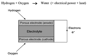 Schematic diagram showing the general operating principles of a fuel cell.