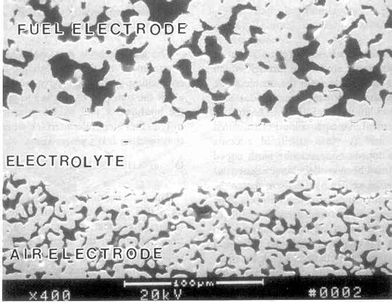 An electron micrograph of the cross-section of an SOFC developed by Siemens Westinghouse.