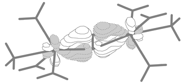 Three-dimensional representation of the one of the two U2
→ N2
π backbonding MOs in [{(NH2)3(NH3)U}2(μ2-μ2:η2-N2)], a computational model for [{(NN′3)U}2(μ2-η2:η2-N2)]. Figure from ref. 18.