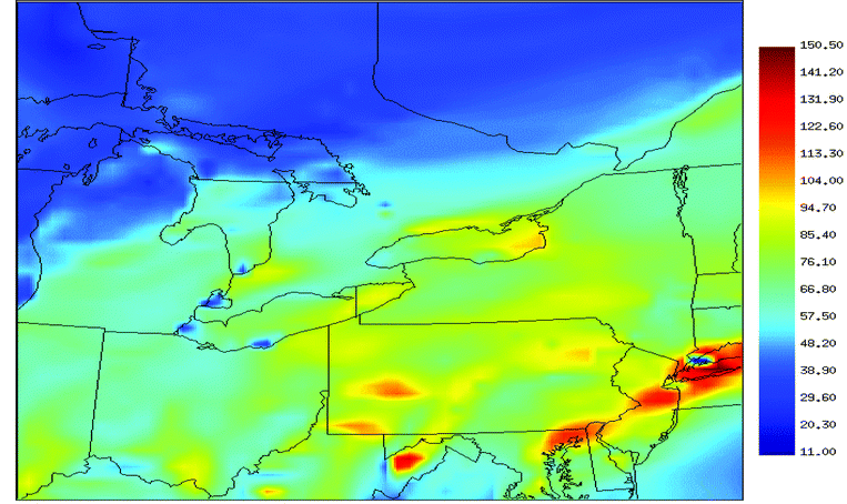 Surface ozone mixing ratios (in ppbv) predicted by the model at 2 pm (EDT) on July 17, 1999.