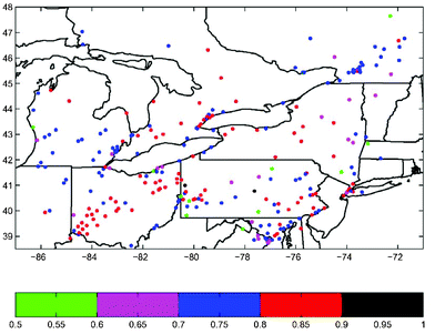 Correlation coefficient for O3 from July 10 to 21, 1999.