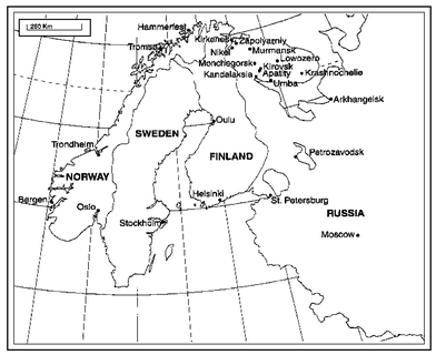 Map of the study area indicating the location of the Russian cities (Nikel, Murmansk, Monchegorsk, Kirovsk, Apatity and Arkhangelsk) and those in Norway (Bergen, Hammerfest, Kirkenes and Tromsø).