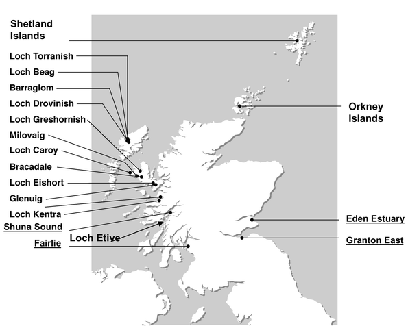 Location of mussel samples collected in 1999 from Scottish coastal areas. Mussels were also collected from Olna Firth in Shetland and Scapa Flow in Orkney (see Fig. 1). Those sites underlined comprised natural mussel beds on the sea floor. The remaining sites on mainland Scotland and the Western Isles were all shellfish farms. Mussels have been collected from Loch Etive periodically during 1999 and then on a monthly basis since March 2000 to the present day (28 monthly samples). These have been used to provide reference temporal data.