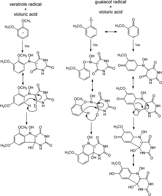 Proposed mechanism for the mediator–substrate adduct formation. From the LC-MS measurements a one-to-one stoichiometry between radical and lignin model compound is derived.