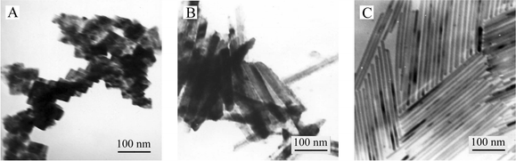 TEM images of Te products obtained by varying the quantity of NaDDBS: (A) in absence of NaDDBS, (B) 0.025 g NaDDBS and (C) 0.4 g NaDDBS. The initial concentration of (NH4)2TeS4 is 20 mM, and these samples were aged for 24 h at room temperature.