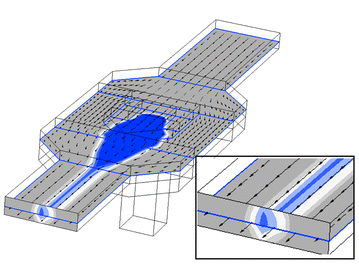 Three-dimensional computer simulation of the “chimney” structure. The colour graduation indicates the probability that a given cell will be inside the volume limited by that colour. The probability for blue and light blue is 95% and 99%, respectively. Insert: detail showing the hydrodynamic focusing of the sample.
