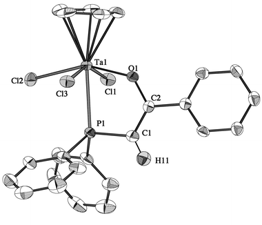 Molecular structure of 6b. Only one of the two independent molecules of the unit cell is shown. Hydrogen atoms, except H(11), are omitted for clarity.