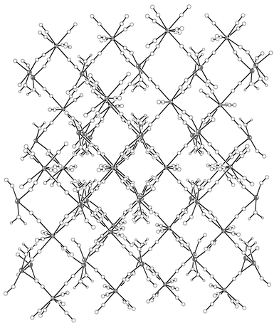 Projection of the three-dimensional rhombic array of the M(iv)
(cross-hatched circles) and Mn(ii) ions in 1
(M = Mo) and 2
(M = W) along the [001] direction. The bpym ligand has been omitted for clarity.