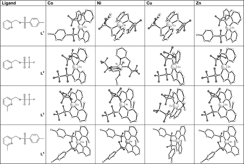View of the crystal structures (100 to 120 K) of the Co(ii), Ni(ii), Cu(ii) and Zn(ii) complexes of L1–L4, revealing distorted tetrahedral geometry except for [Cu(L1)2], [NiL1]
(square planar), and [Ni(L2)2(EtOH)2]
(octahedral).
