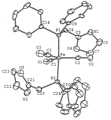 View of the crystal structure of complex trans-[Fe(CO)3(LP,N)2]
(1). Ellipsoids are shown at the 50% probability level. Selected bond lengths (Å) and angles (°): Fe–C(1) 1.763(9), Fe–C(2) 1.78(1), Fe–C(3) 1.79(1), Fe–P(1) 2.197(3), Fe–P(2) 2.213(3), C(5)–N(1) 1.28(1), C(21)–N(2) 1.28(1), N(1)–C(6) 1.48(1), N(2)–C(22) 1.48(1), P(1)–C(4) 1.848(9), P(2)–C(20) 1.87(1), C(5)–O(4) 1.34(1), C(21)–O(5) 1.34(1); C(1)–Fe–C(2) 118.7(4), C(1)–Fe–C(3) 120.4(5), C(2)–Fe–C(3) 120.9(5), P(1)–Fe–P(2) 176.6(1), P(1)–C(4)–C(5) 116.1(6), P(2)–C(20)–C(21) 115.2(7).