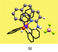 Alternate ion pair geometry for the hydride complex [Ir(H)2(bq-NH3)(PPh3)2][BF4], 11. The H3 proton bq is explicitly shown to illustrate the close contact with BF4−. Atoms included in the QM part are shown in ball-and-stick format and atoms included in the MM part are shown in black.