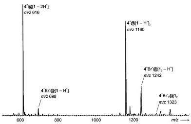 Negative ion ESI mass spectrum of a 50 μM solution of 1 containing tetramethyl ammonium bromide as the guest salt (50 μM).