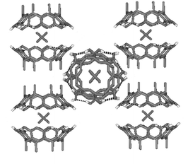 Crystal packing of 4+@12·Br−·4MeOH·3H2O showing the perpendicular columns formed by sequential resorcinarene capsules. Solvent molecules, anions and non-hydrogen bonding hydrogens are omitted for clarity.