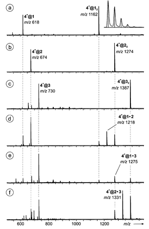 ESI mass spectra of 50 μM acetonitrile solutions of (a)
1, (b)
2, and (c)
3 with equimolar amounts of salt tetramethyl ammonium bromide 4+Br− providing the guest ion. Spectra (d)–(f) were obtained from mixtures of (d)
1 and 2, (e)
1 and 3, and (f)
2 and 3, 25 μM in each host monomer and 50 μM in 4+Br−. The inset in spectrum (a) shows the recorded isotope pattern (curve) for 4+@22 in comparison to that calculated on the basis of natural isotope abundances (vertical lines).