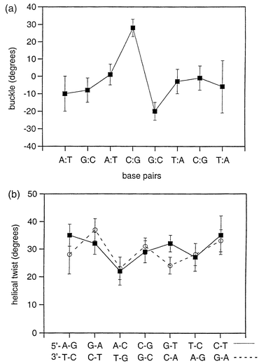 CURVES28 analysis of the family of 50 structures shown in Fig. 5 illustrating the sequence-dependence of (a) buckle, and (b) helical twist. Error bars represent one standard deviation from the mean structure.