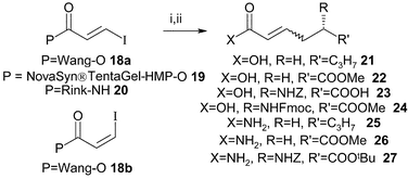 
            Reagents and conditions: i, organozincs 1–4 in THF (3 equiv.), Pd2(dba)3
(10 mol%), P(o-tolyl)3
(40 mol%), room temp., 16 h; ii, TFA–dichloromethane, 1 h.