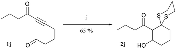 Tandem dithiol-intramolecular aldol reaction. Reagents and conditions: (i) NaOMe (1.3 equiv.), propane-1,3-dithiol (1.1 equiv.), MeOH–CH2Cl2 (3 : 1), 0 °C to rt, 14 h.