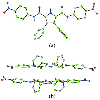 (a) The crystal structure of compound 2. Colour key: carbon = green, nitrogen = blue, oxygen = red. (b) Side view of the π-stacking interaction.