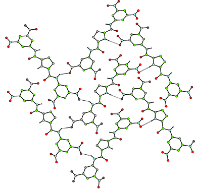 The crystal structure of compound 3 showing NH–ON hydrogen bonds (phenyl groups in the 3- and 4- positions of the pyrrole rings have been omitted for clarity). Colour key: carbon = green, nitrogen = blue, oxygen = red.