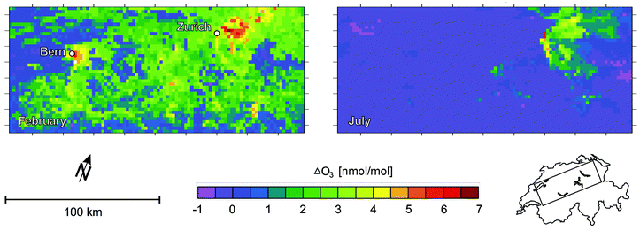 Ground level ozone production due to stratospheric ozone depletion. The calculations are for the region of Switzerland shown in the map. The left hand panel shows the calculated impact of ozone depletion from 400 DU to 240 DU for a simulation of an event in February 1998. The right hand panel shows a calculation for 30 July 1993, with an ozone decrease from 360 DU to 280 DU. (Figure based on the work of Brönnimann et al.20)