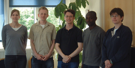 The Hall research group (L–R): Jessica Lamb, Simon Kew, Dr James Rooney, Charles Appiah-Kusi and Julie Saxton.
