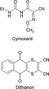 Molecular structure of cymoxanil and dithianon.