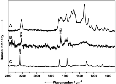 Raman spectra obtained from an aqueous solution of aktuan (A) and from the pure substances of dithianon (B) and cymoxanil (C). For ease of comparison the spectra of cymoxanil and dithianon have been scaled up by a factor of 5.