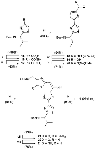 Reagents and conditions: (i) EtO2CCl, THF, Et3N then aq. NH3; (ii) LR; (iii) NaHCO3, ethyl bromopyruvate then trifluoroacetic anhydride, 2,6-lutidine; (iv) LiOH, H2O, MeOH; (v) EtO2CCl, THF, Et3N then HN(Me)OMe·HCl; (vi)
					14, n-BuLi; H2O; (vii) TBAF, THF, RT, 1 h; (viii) NH4OAc, μwave, 120 °C (100 W), PhMe, 30 min; (ix)
					3, EtOH, 60 °C; toluene–AcOH, 70 °C.