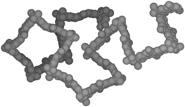 Space-filling molecular model of a fragment of PIM 1 showing its rigid, randomly contorted structure.