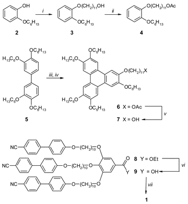 Synthesis of the target compound 1. Key: (i) Br(CH2)11OH, K2CO3, KI, butanone, reflux for16 h; (ii) AcCl, C5H5N, CH2Cl2, room temperature for 20 h; (iii)
					4, FeCl3, CH2Cl2, room temperature for 20 h; (iv) precipitation and stirring in cold MeOH for 2 h; (v)
					pTSA, EtOH, reflux for 16 h; (vi) aq. KOH, EtOH/THF, reflux for 2 h; (vii)
					7, DCC, DMAP, pTSA, CH2Cl2, room temperature for 5 d.