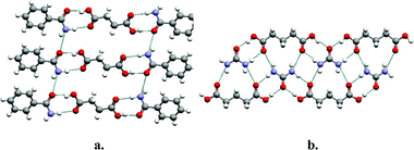 Two examples of co-crystals that are sustained by the acid–amide supramolecular heterosynthon: (a) succinic acid : benzamide (1:2); (b) urea : glutaric acid (1:1).