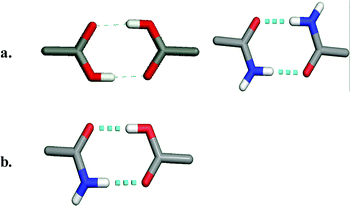 The formation of supramolecular synthons between acids and amides: (a) supramolecular homosynthons as exhibited by acid–acid and amide–amide dimers; (b) supramolecular heterosynthons as exhibited by acid–amide dimers.