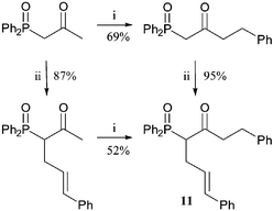 
          Reagents and conditions: i, LDA (2 eq.), THF, −78 °C, BnBr; ii, NaOMe, (E)-PhCHCHCH2Br, THF.