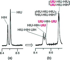 Partial 1H NMR spectra of polyimide 7 in the presence of the tweezer 1a; (a) 5 mol% tweezer relative to imide (cf.Fig. 3f), and (b) 100 mol% tweezer relative to imide. Assignments refer to the protons of the central di-imide residue (I) in each sequence shown. The HIH-centred sequence-assignments shown in spectrum (b) refer to the syn-isomer of this sequence and are repeated for the corresponding resonances at lower field assigned to the anti-isomer.
