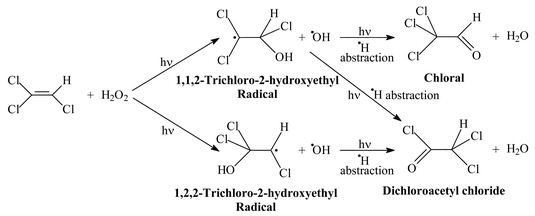 Proposed pathways for the reaction of trichloroethene with hydrogen peroxide in an argon matrix at 12 K upon irradiation using a medium-pressure mercury lamp.