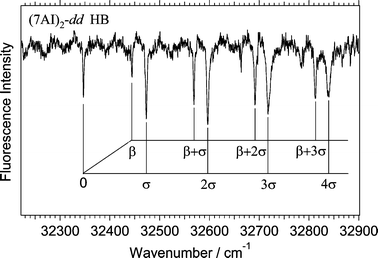 Hole-burning spectrum of deuterated (7AI)2 obtained by probing the vibronic band at 32 472 cm−1. The spectrum has been assigned to (7AI)2-dd
					(see text).