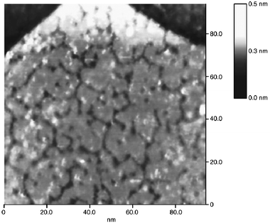 STM image recorded in air of an electrodeposited Rh adlayer on Pt(111) with a coverage of ca. 0.9 ML. Reprinted from ref. 191, © Elsevier 2004, with permission.