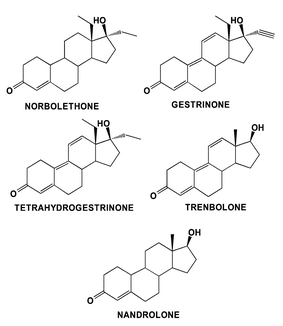 The structures of designer drugs showing the similarity to known anabolic steroids such as gestrinone, trenbolone and nandrolone.