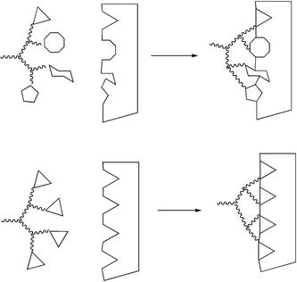 Surface organisation of a hetero-functionalised dendrimer (top), or a homo-functionalised dendrimer (bottom), upon interaction with an appropriate receptor.