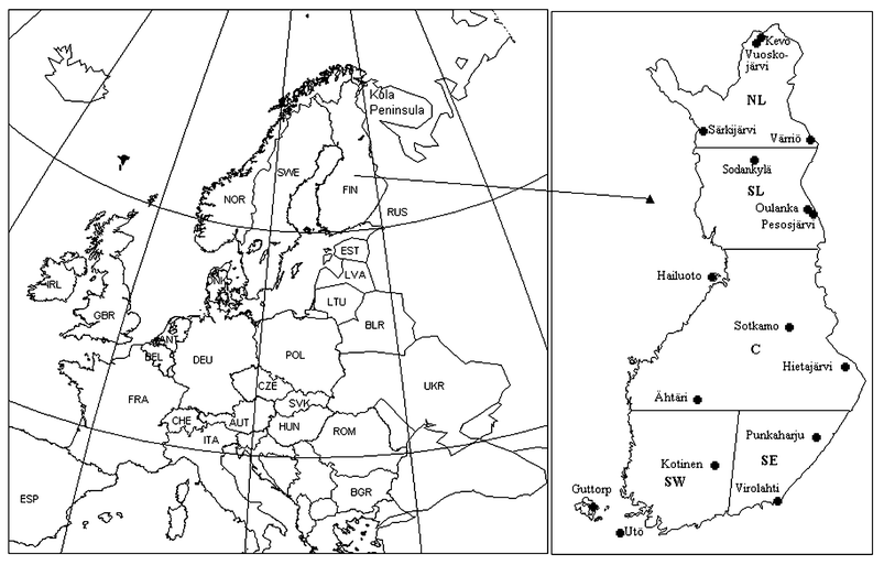 Map of the background air quality measuring stations of the Finnish Meteorological Institute. Different geographical areas are shown with bold letters: SW south-western Finland, SE south-eastern Finland, C central Finland, SL south Lapland, NL north Lapland.