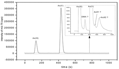 Ion chromatogram (IC-ICP-MS) and amplified view of a water extract of dead leaves. Plants treated with As(iii), 30 mg l−1. AsX1, AsX2: unidentified peaks.