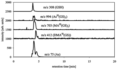 HPLC-ICP-MS/ESI-MS chromatograms of AsIII(GS)3, DMAIII(GS) and MAIII(GS)2 with Supelcosil LC-SCX (250 × 4.6 mm), buffer: 20 mM pyridine pH 2.5, flow 1 mL min−1, m/z 75 (As) measured by ICP-MS, m/z 412 (DMAIII(GS)), 703 (MAIII(GS)2), 994 (AsIII(GS)3) and 308 (GSH) measured by ESI-MS.