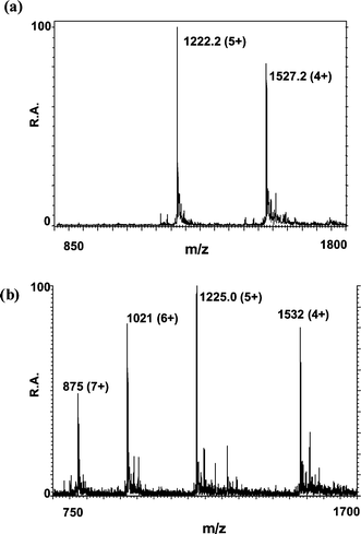 ESI mass spectra obtained for a rabbit liver MT2 standard introduced by direct infusion after (a) oxidation with Cs and (b) acidification with 0.1% TFA dissolved in 30% aqueous methanol (pH 1.9).